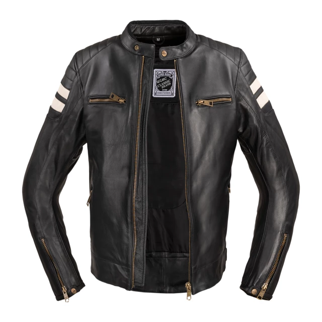 Moška usnjena moto jakna W-TEC Stripe - černá s béžovými pruhy